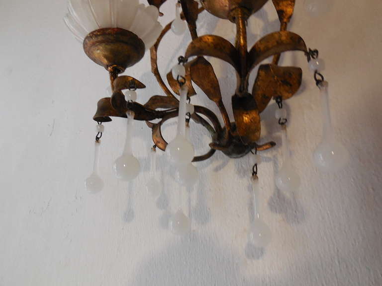 French Gilt Tole with Wood and White Opaline Drops Sconces 4