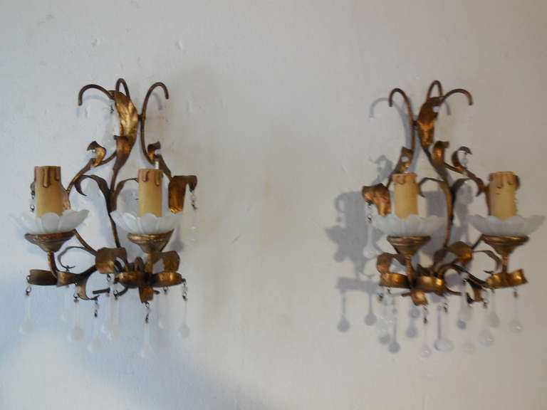 French Gilt Tole with Wood and White Opaline Drops Sconces 6
