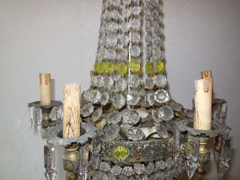 Mid-20th Century French Empire Seven Tier, Spear Prisms Yellow Crystals, Bronze Cherubs Dragons
