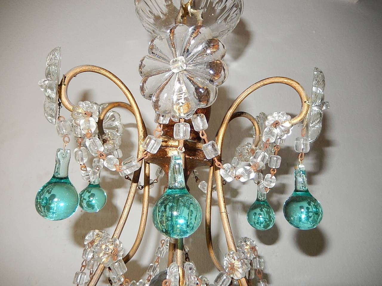 Early 20th Century French Aqua Blue Balls and Drops Crystal Chandelier, circa 1920
