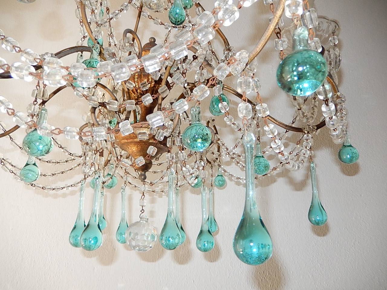 French Aqua Blue Balls and Drops Crystal Chandelier, circa 1920 3