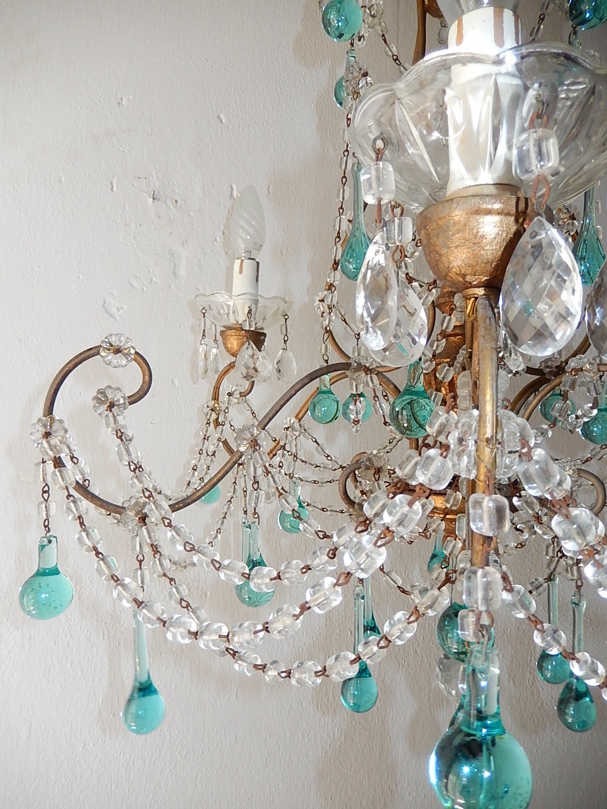 French Aqua Blue Balls and Drops Crystal Chandelier, circa 1920 5