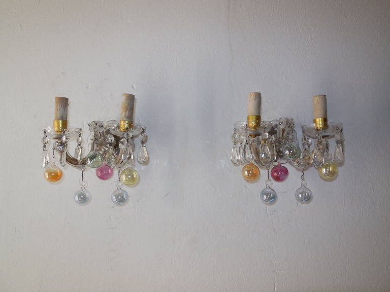 c 1920 Rare Murano Colored Bubbles Blown Glass Crystal Sconces