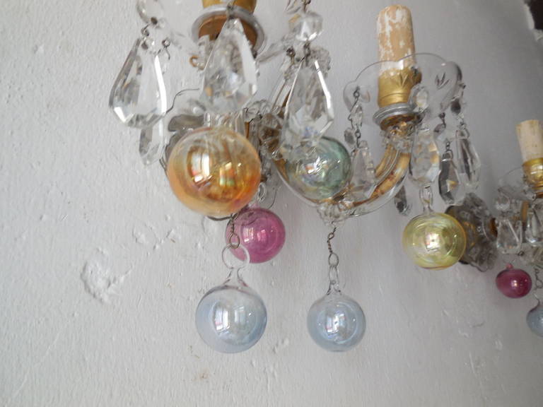 French c 1920 Rare Murano Colored Bubbles Blown Glass Crystal Sconces