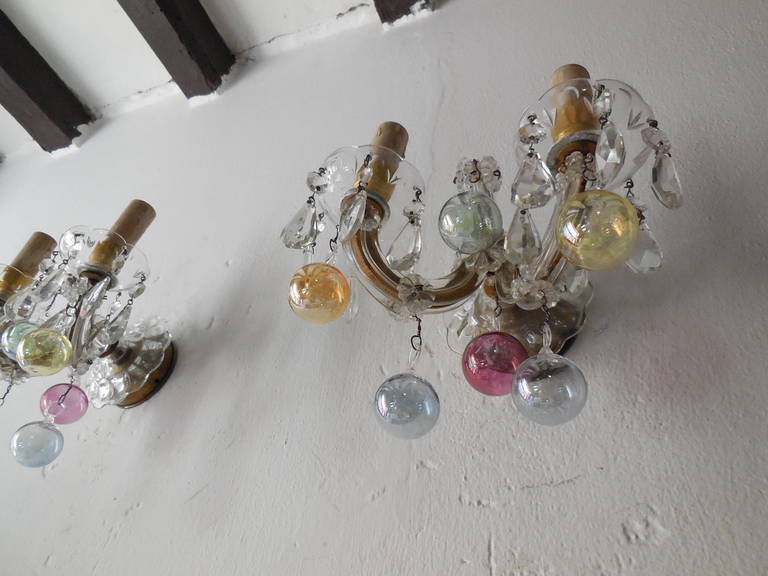 c 1920 Rare Murano Colored Bubbles Blown Glass Crystal Sconces 4