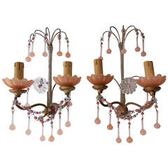 Antique Micro Beaded Pink Opaline Drops and Beads Sconces