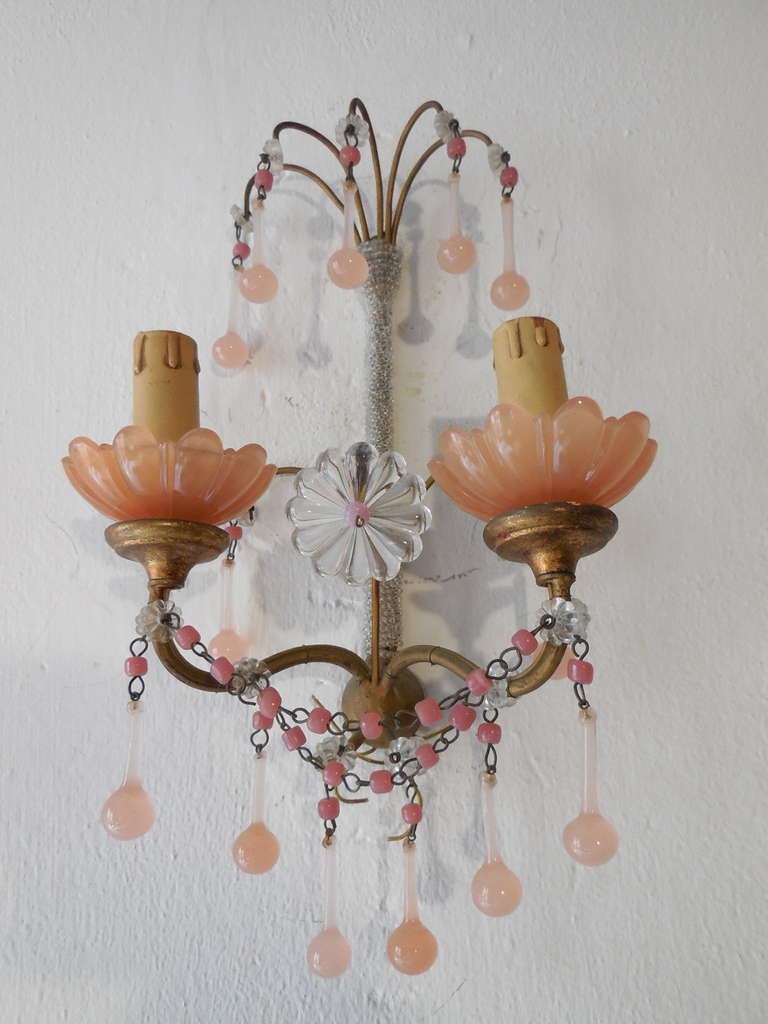 French Micro Beaded Pink Opaline Drops and Beads Sconces