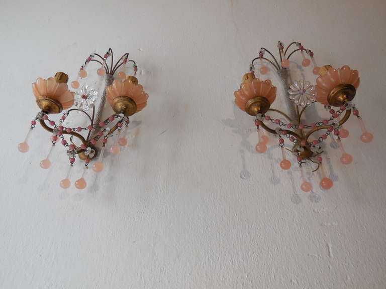 20th Century Micro Beaded Pink Opaline Drops and Beads Sconces