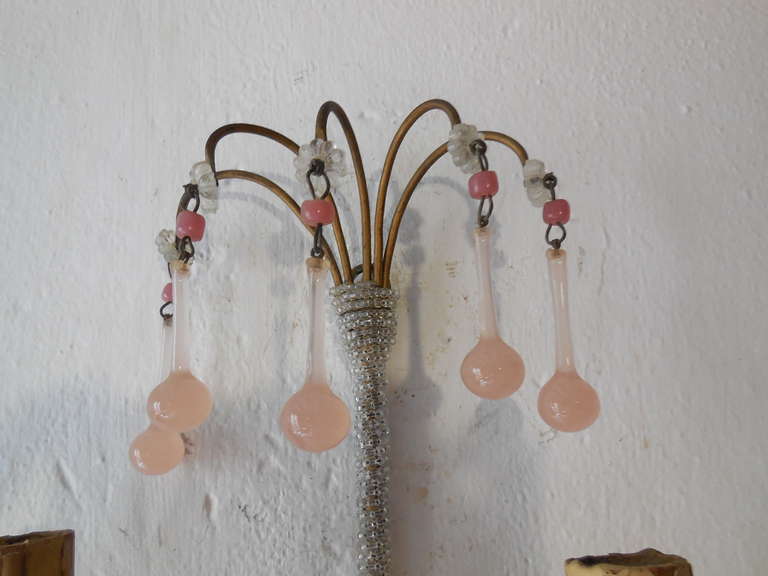 Wood Micro Beaded Pink Opaline Drops and Beads Sconces