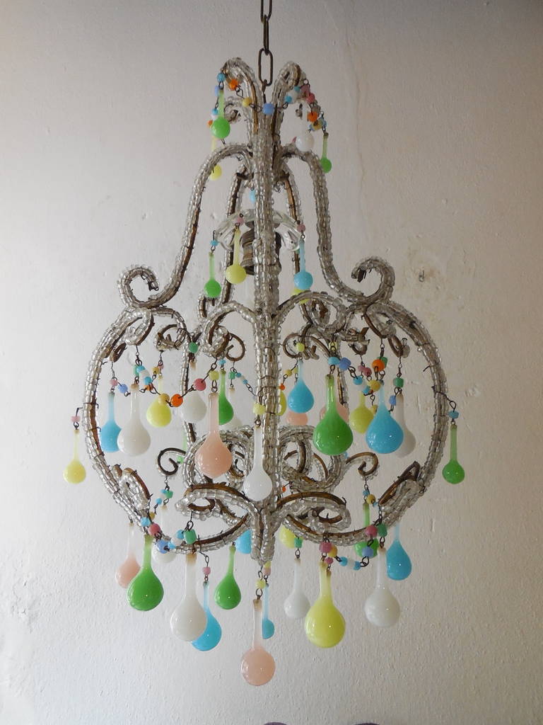 c 1920 Rainbow Colors Opaline Drops Beaded Chandelier