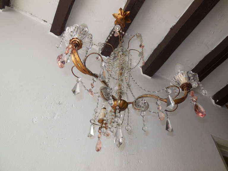 Delicate French Light, Pink Crystal Prism Chandelier In Good Condition In Modena (MO), Modena (Mo)