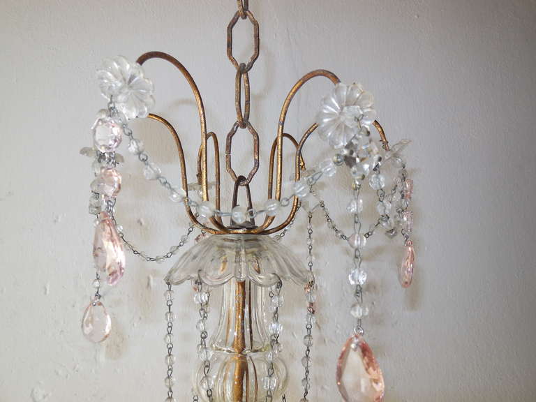 20th Century Delicate French Light, Pink Crystal Prism Chandelier