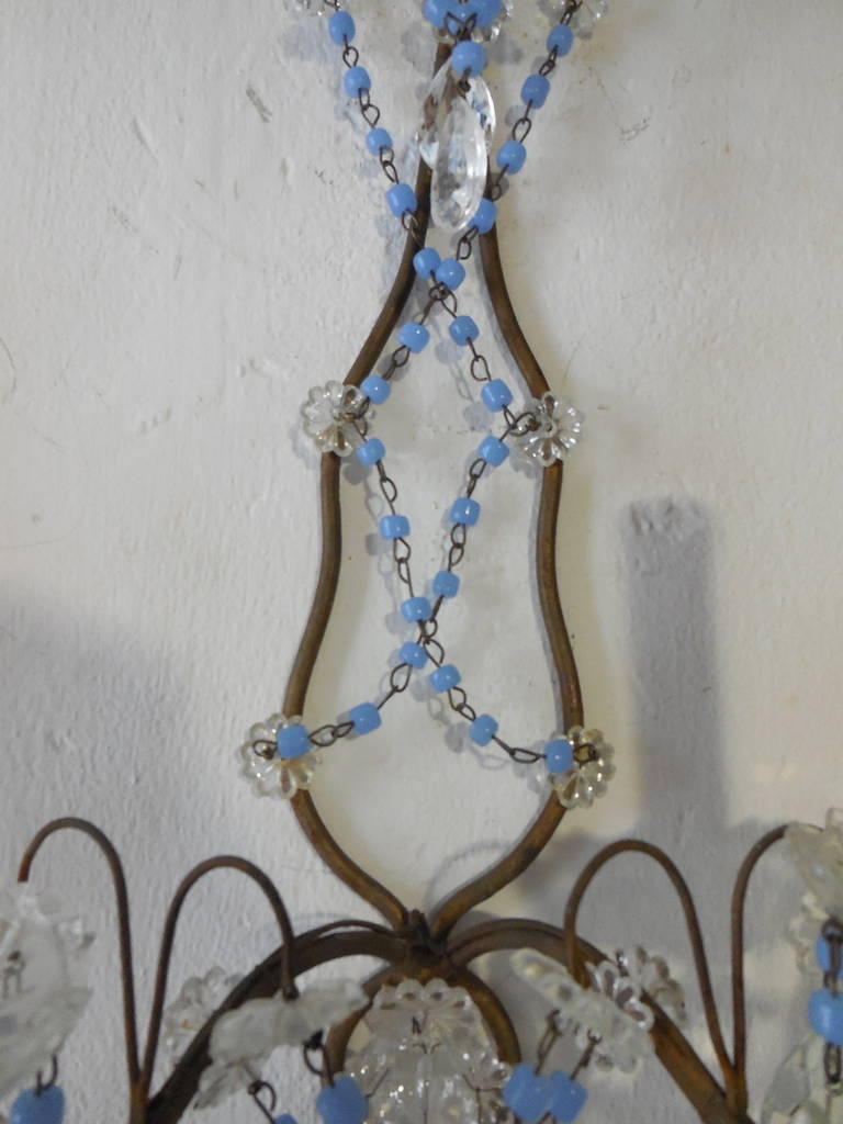 20th Century French Purple Opaline Beads and Crystal Prisms Sconces