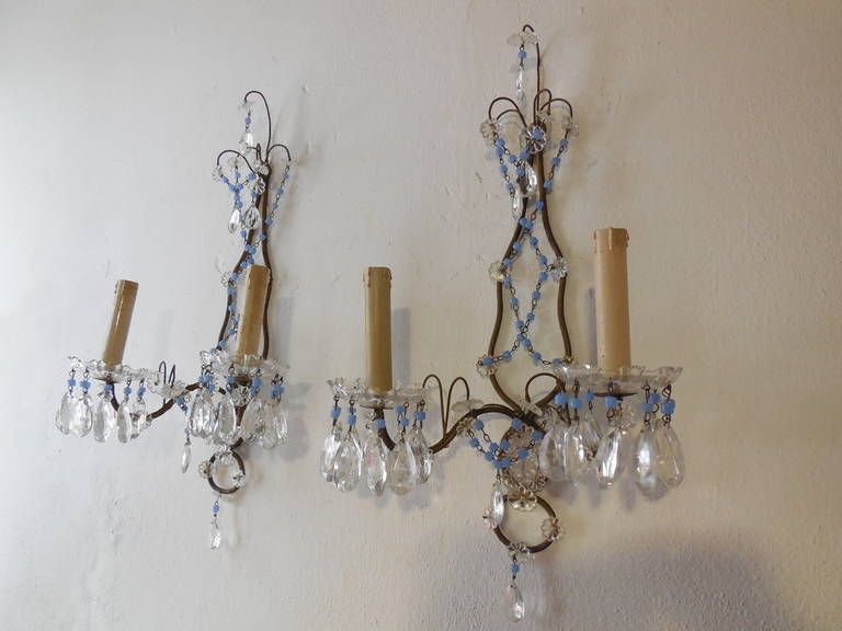 French Purple Opaline Beads and Crystal Prisms Sconces 1