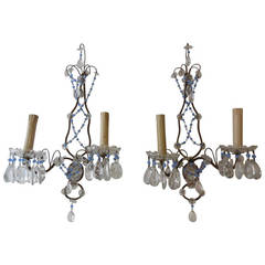 Antique French Purple Opaline Beads and Crystal Prisms Sconces