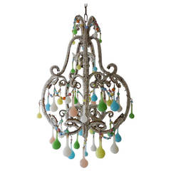 Antique c 1920 Rainbow Colors Opaline Drops Beaded Chandelier