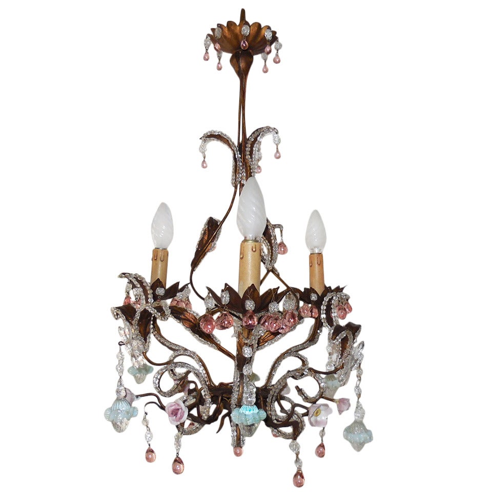 French Pink Drops and Flowers Beaded Tole Chandelier For Sale