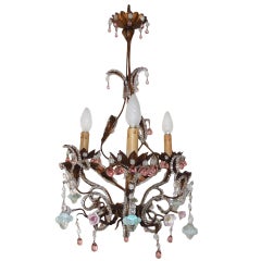 French Pink Drops and Flowers Beaded Tole Chandelier