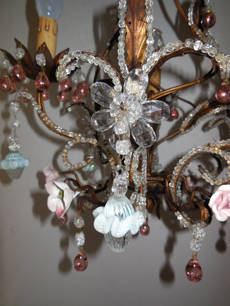 Tôle French Pink Drops and Flowers Beaded Tole Chandelier For Sale