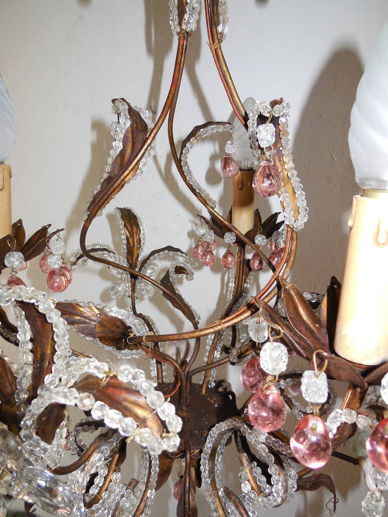 French Pink Drops and Flowers Beaded Tole Chandelier For Sale 2