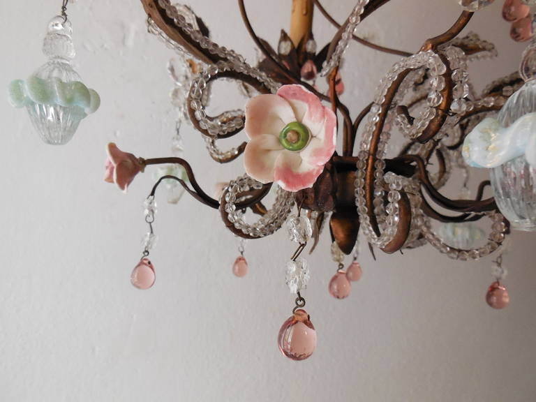 French Pink Drops and Flowers Beaded Tole Chandelier For Sale 3