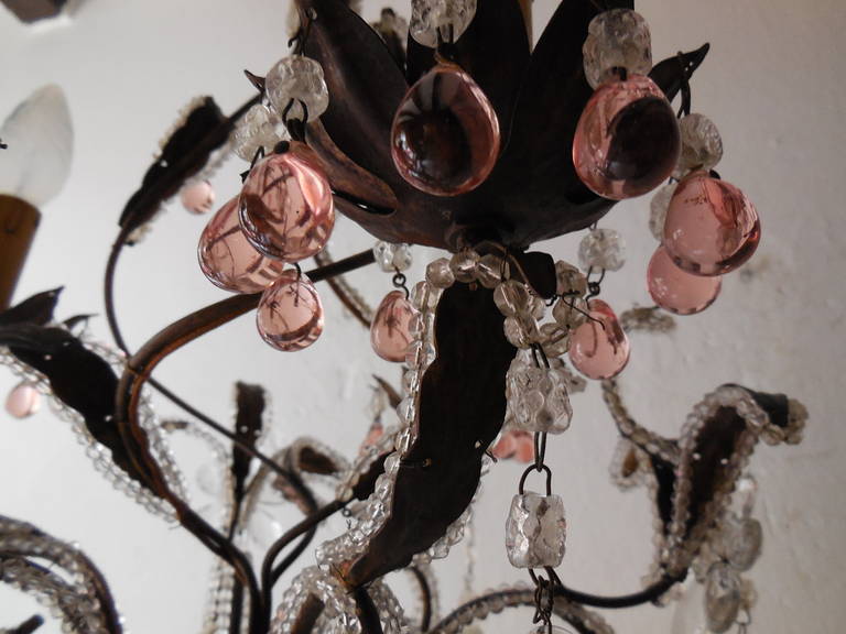 French Pink Drops and Flowers Beaded Tole Chandelier For Sale 4