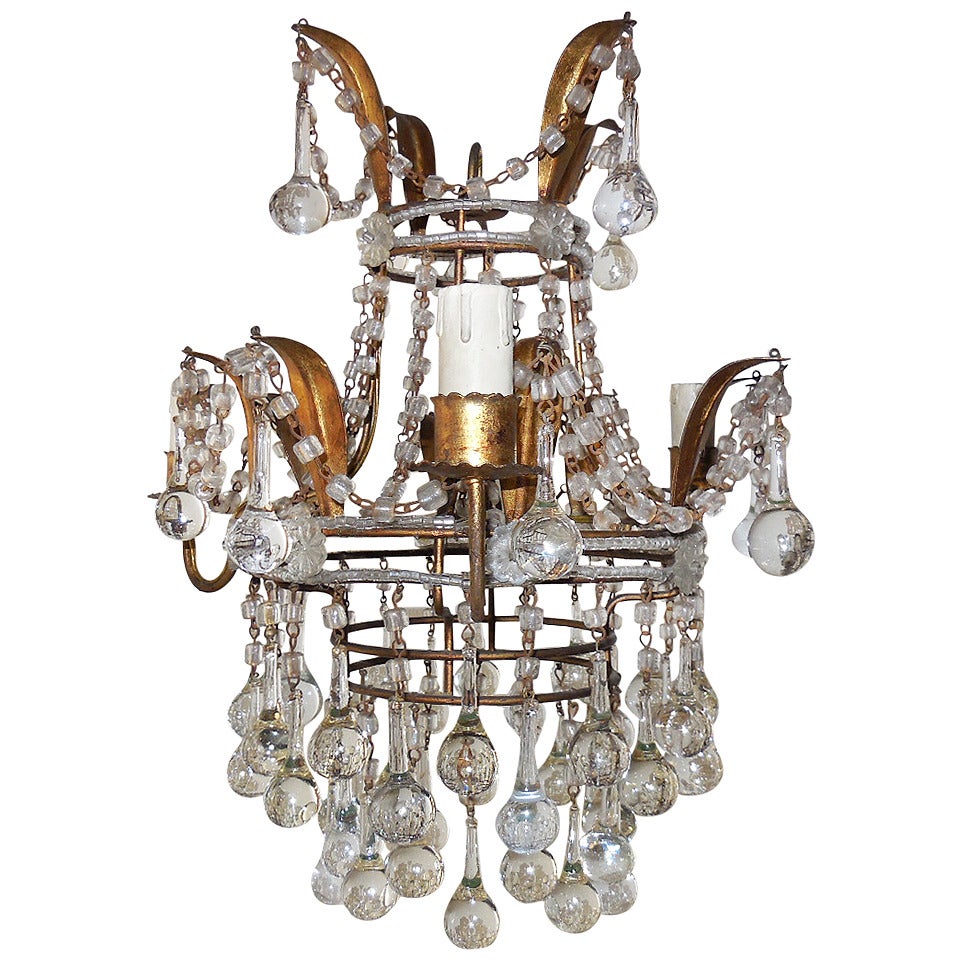 Italian Beaded with Murano Drops Tole Crown Chandelier For Sale