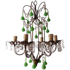 French Tole Green, Opaline Drops Crystal Beaded Chandelier