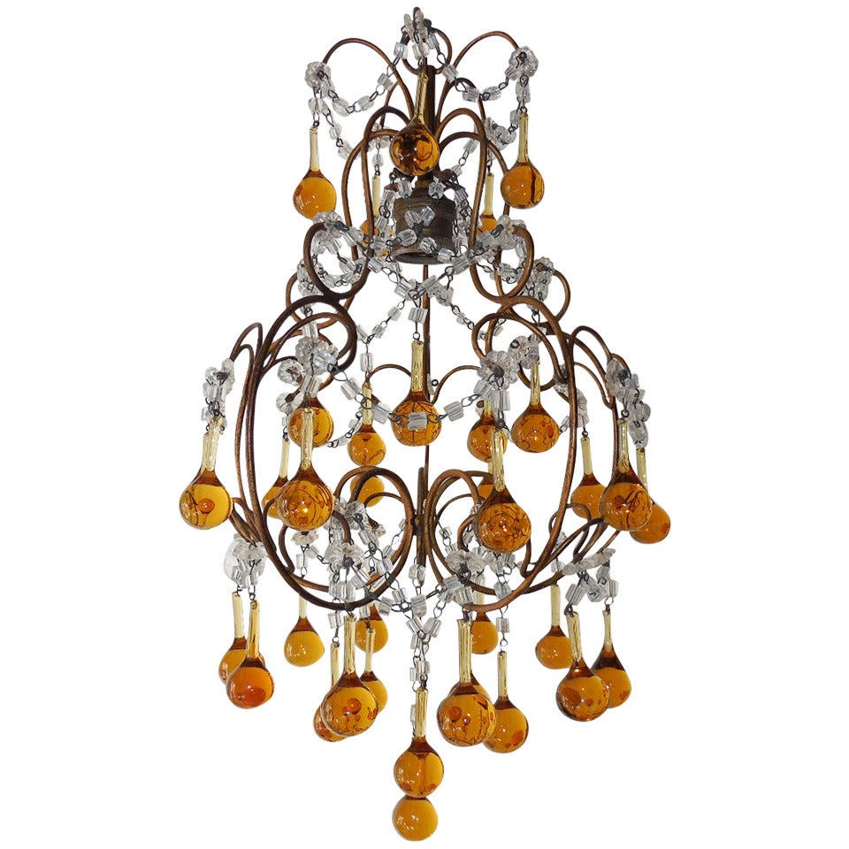 French Petit Amber and Yellow Crystal Beads Chandelier