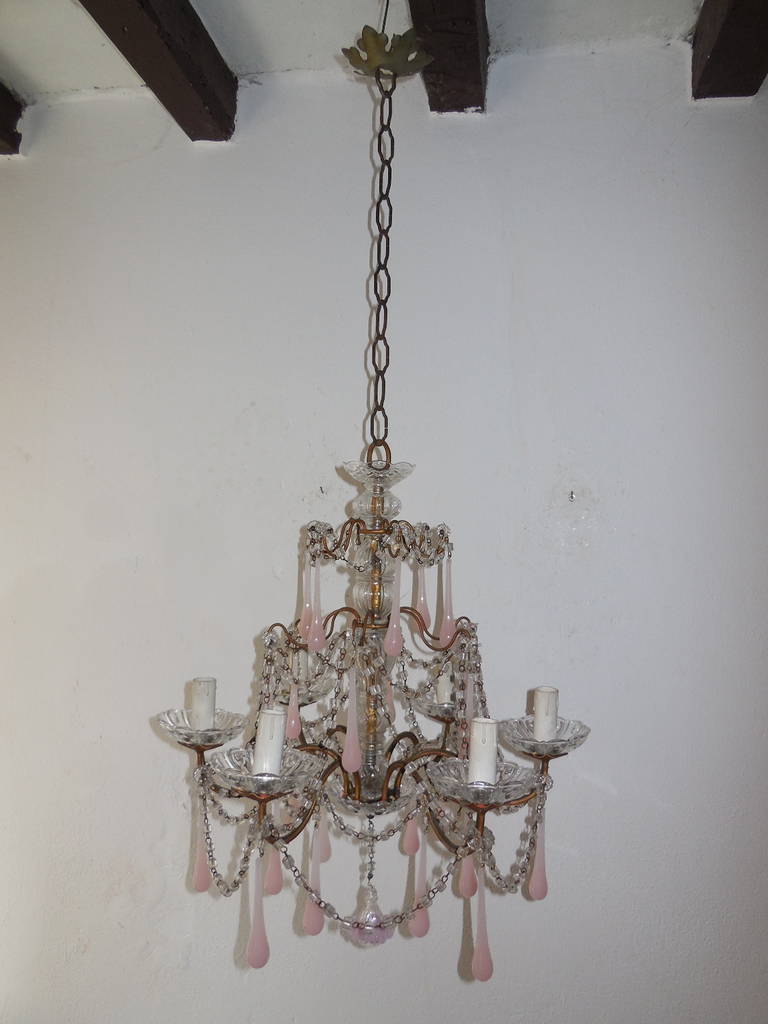 French Pink Opaline, Crystal Swags Chandelier In Excellent Condition In Modena (MO), Modena (Mo)