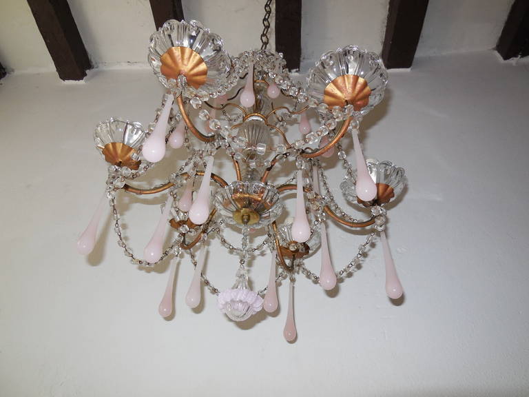 Mid-20th Century French Pink Opaline, Crystal Swags Chandelier