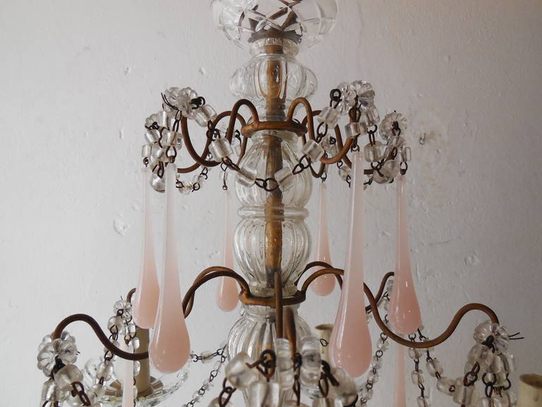 Murano Glass French Pink Opaline, Crystal Swags Chandelier