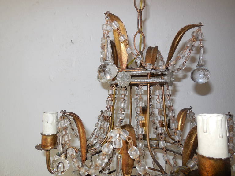 Mid-20th Century Italian Beaded with Murano Drops Tole Crown Chandelier For Sale