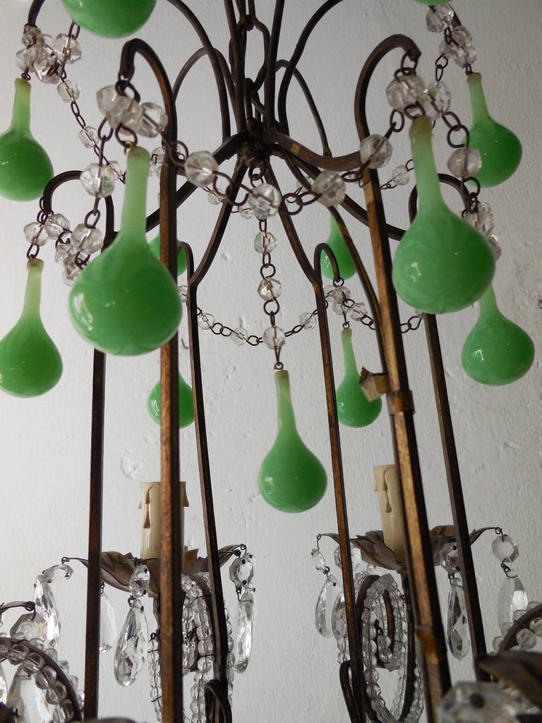 20th Century French Tole Green, Opaline Drops Crystal Beaded Chandelier