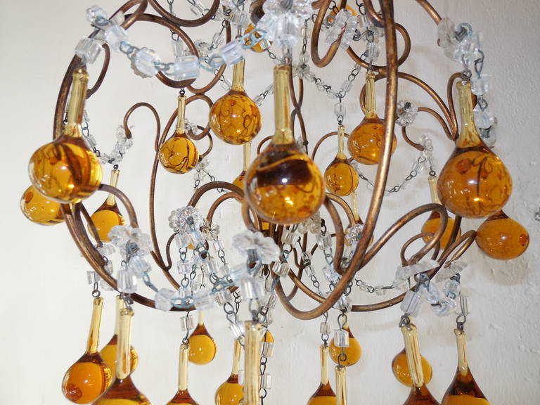 20th Century French Petit Amber and Yellow Crystal Beads Chandelier For Sale