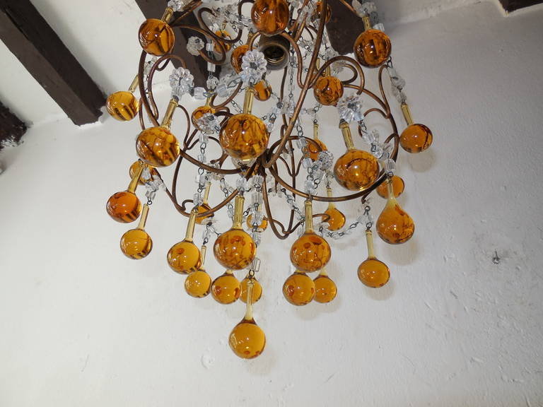 Metal French Petit Amber and Yellow Crystal Beads Chandelier For Sale