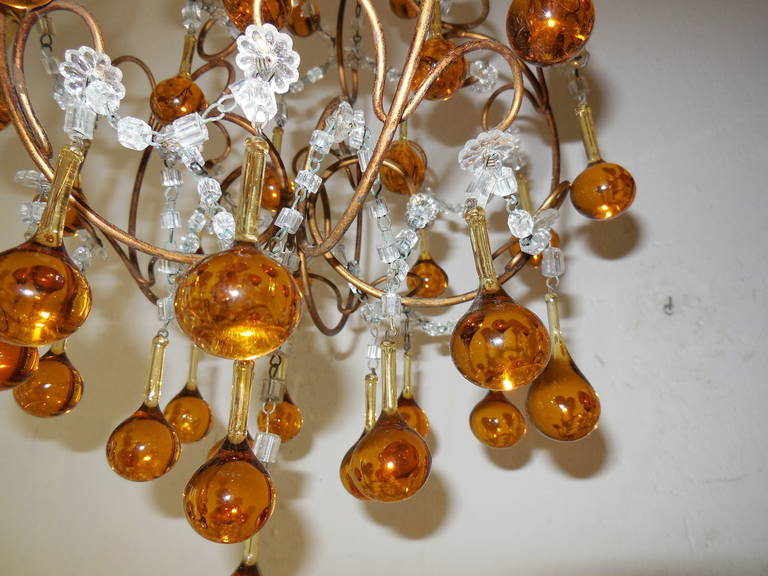 French Petit Amber and Yellow Crystal Beads Chandelier For Sale 1