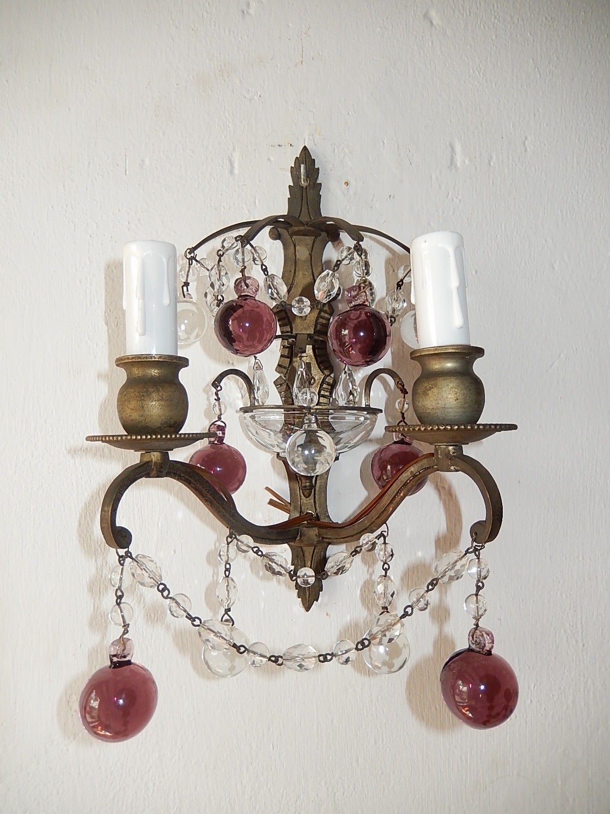 Early 20th Century French Bronze Amethyst Murano Glass Balls Sconces
