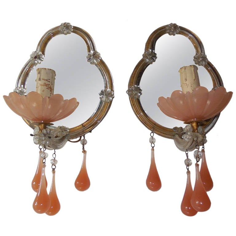 French Pink, Opaline Murano Glass Mirrored Sconces at 1stdibs