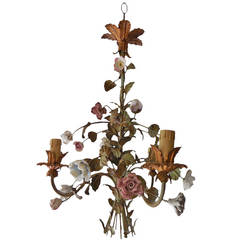 Italian Tole with Porcelain Flowers Polychrome Chandelier