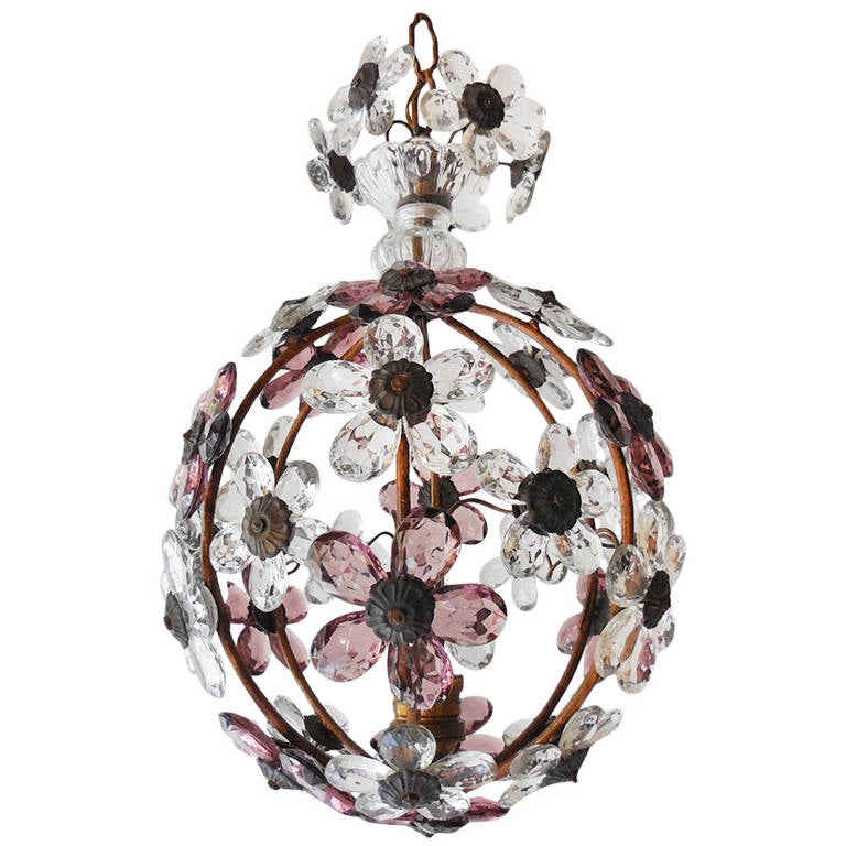 French Bagues Purple Amethyst, Crystal Prisms Flowers Ball Chandelier