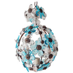 French Bagues Crystal Aqua Prisms Floral Ball Chandelier