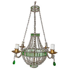 Petite French Crystal, Beaded Glass Tubes Green Chandelier