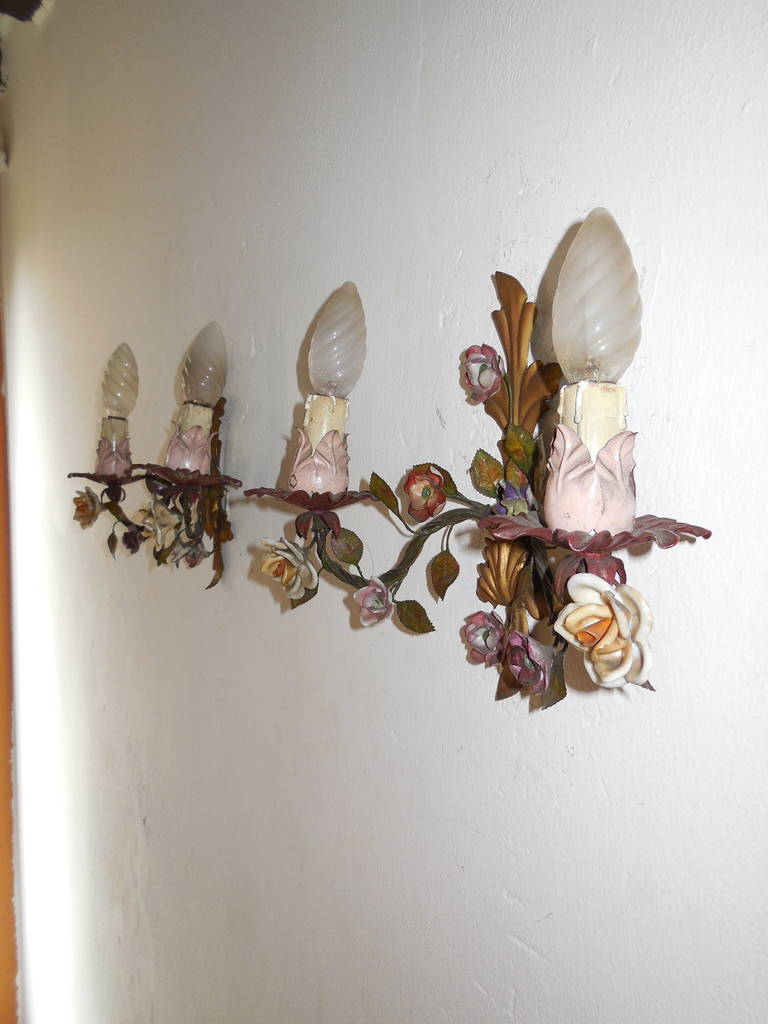 19th Century Italian Tole with Porcelain Flowers Polychrome Sconces