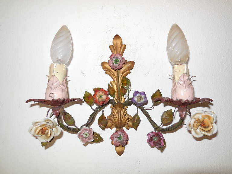 Italian Tole with Porcelain Flowers Polychrome Sconces 2