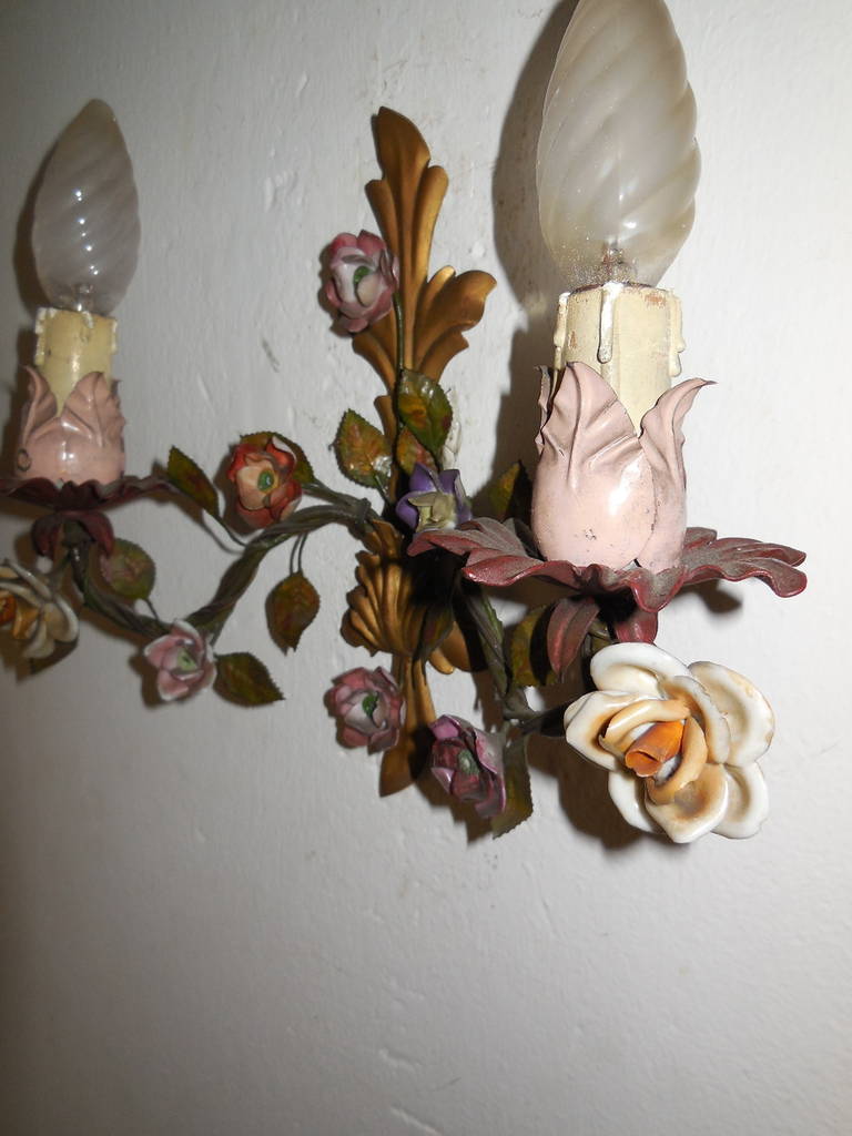 Italian Tole with Porcelain Flowers Polychrome Sconces 3