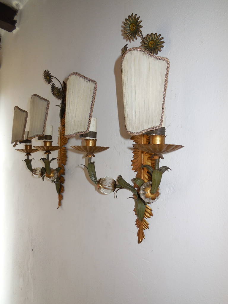 French Maison Bagues Crystal Ball Tole Floral Sconces