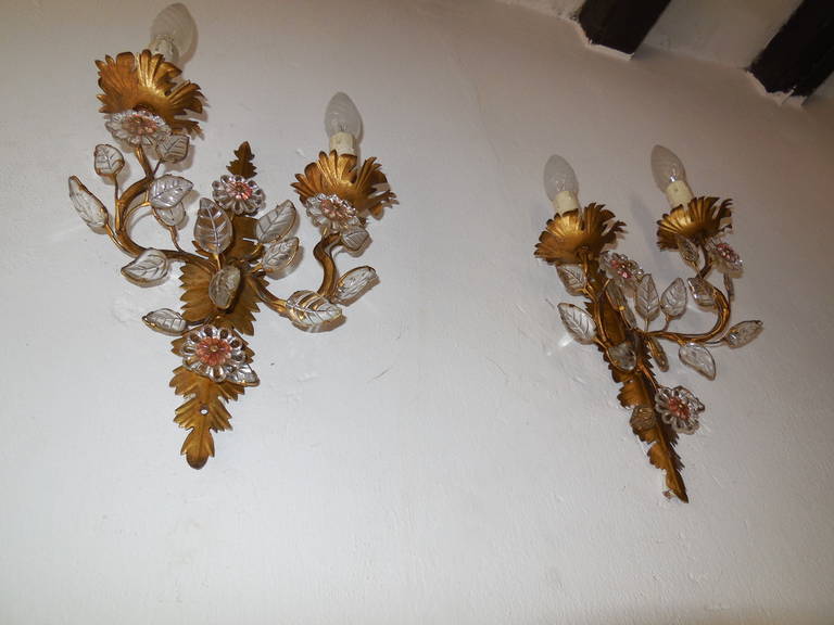 French Vintage Crystal Leaves Tole Floral Sconces In Excellent Condition In Firenze, Toscana