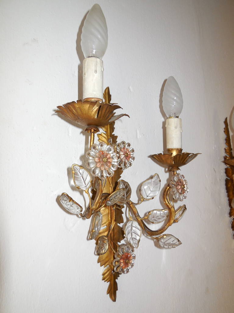 Mid-20th Century French Vintage Crystal Leaves Tole Floral Sconces