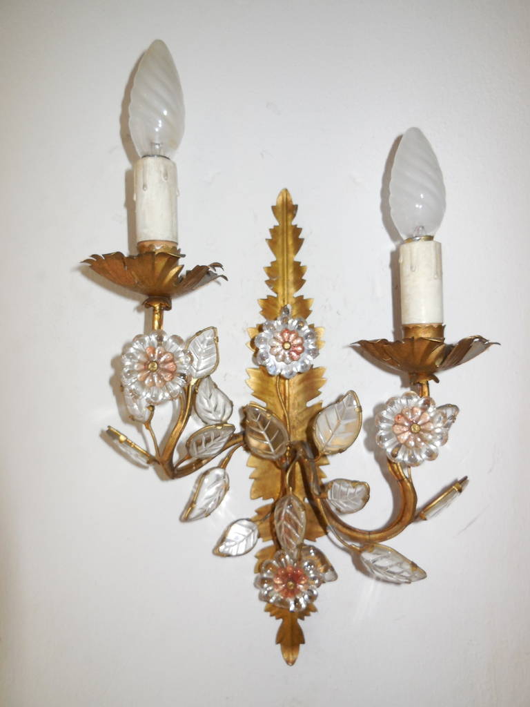 Tôle French Vintage Crystal Leaves Tole Floral Sconces